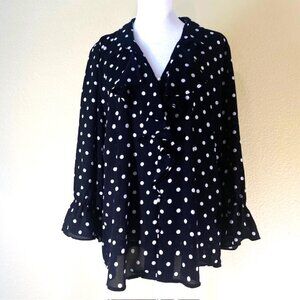 Karl Lagerfeld Women’s Large Ruffle Front Button Up Blouse Long Bell Sleeve